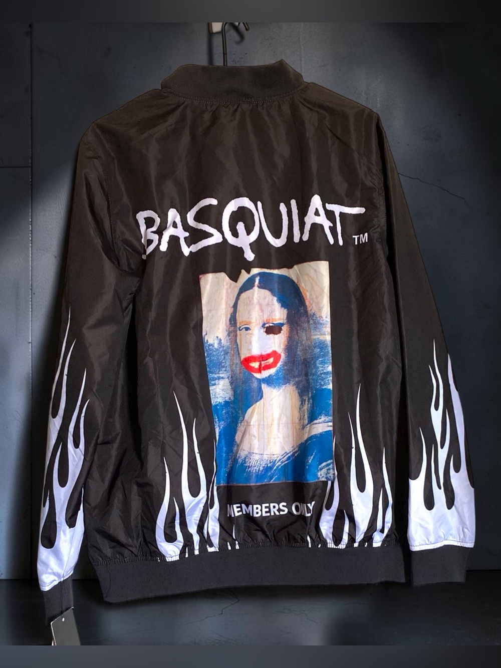 MEMBERS ONLY Jean-Michel Basquiat Windbreaker Jacket Black Flame Mona Lisa M